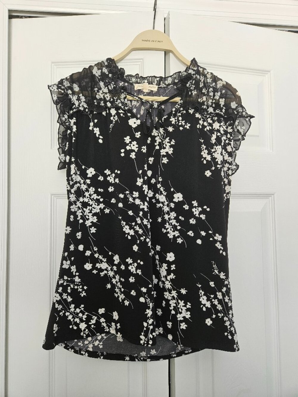 Black Flower Pattern Professional Blouse with sheer sleeves